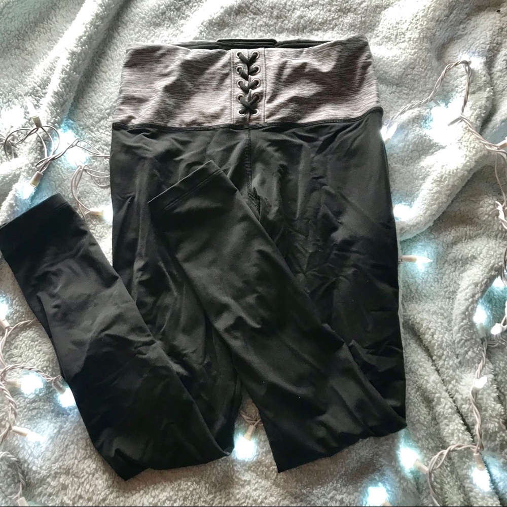 PINK lace up grey waistband leggings high waisted